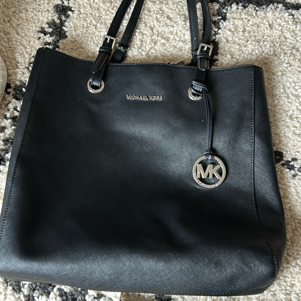 Michael Kors Black Leather Tote with Silver Accents
